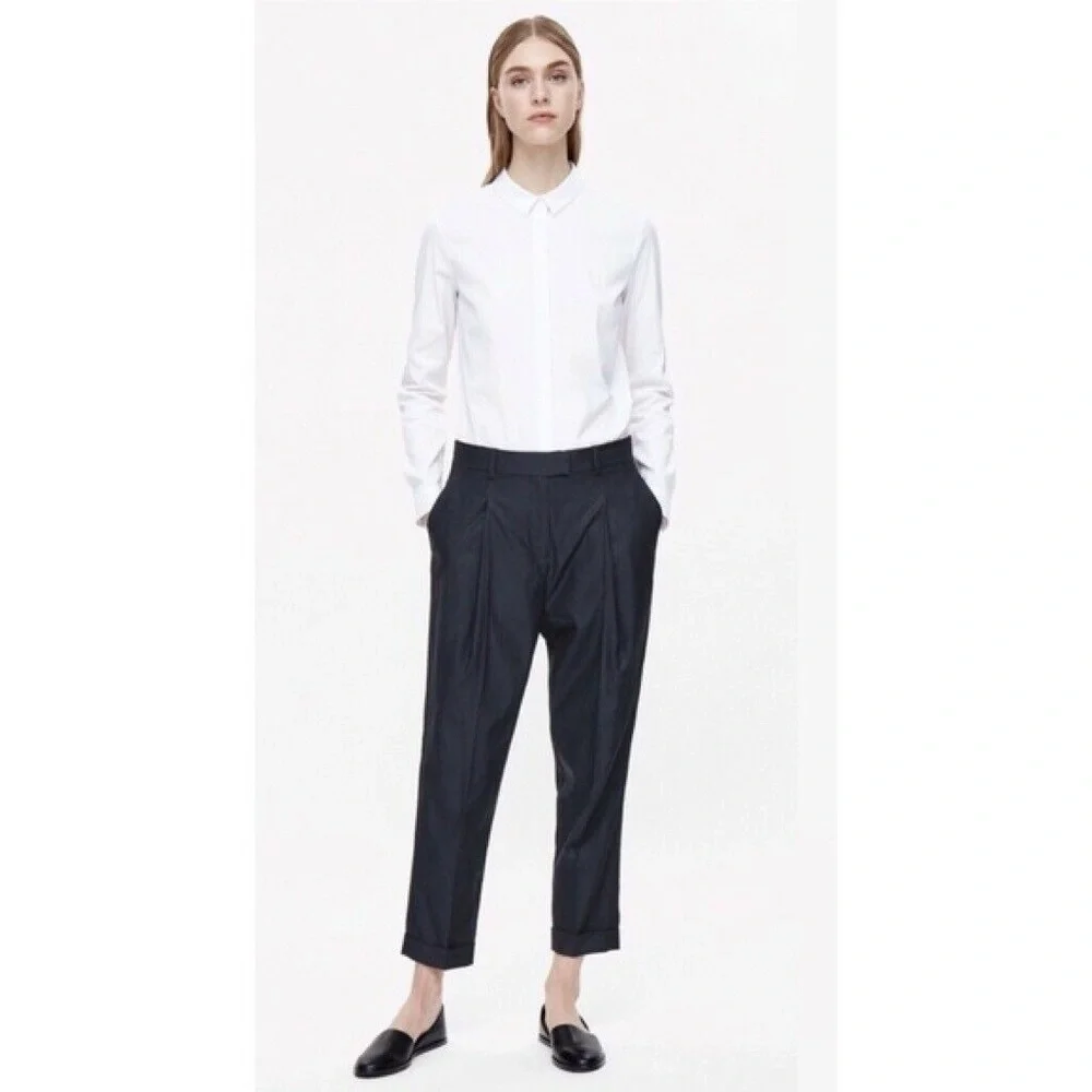 COS Navy Blue High Waisted Relaxed Pleated Trousers Pants Menswear Inspired ~ 6